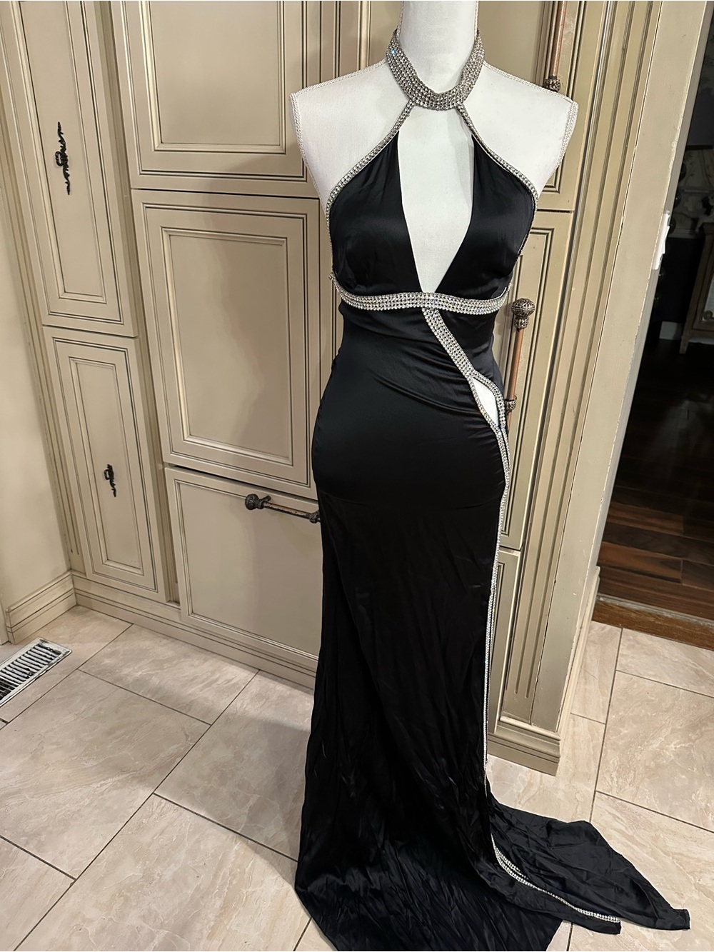 Glamorous Black Halter Evening Gown with Crystal Accents